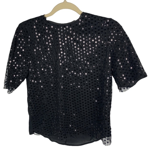 NWT Who What Wear Sequin Short Sleeve Sheer Top | Black | Women’s Size XS - Picture 2 of 11